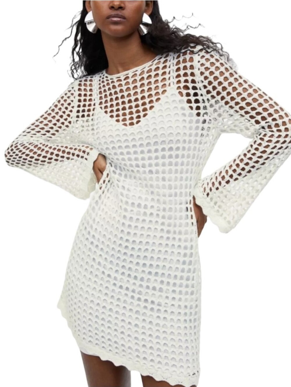 Divided H&M White Open-Knit Crochet-Look Long Sleeve Dress Size M